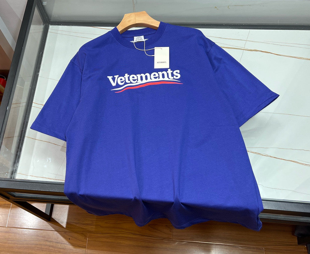 Vetements Men's and Women's Summer Letter Logo Printed Solid Colour Drop Shoulder Short Sleeve T-Shirt #99271