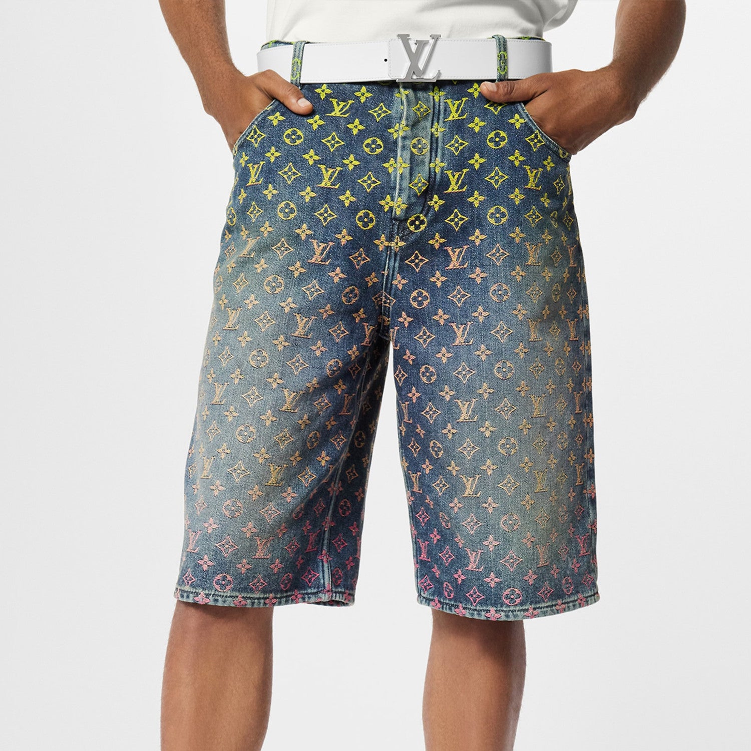 Louis Vuitton Rainbow Monogram Embroidered Short Sleeve Denim Shirt Straight Shorts Fashion Casual Suit Set #71411