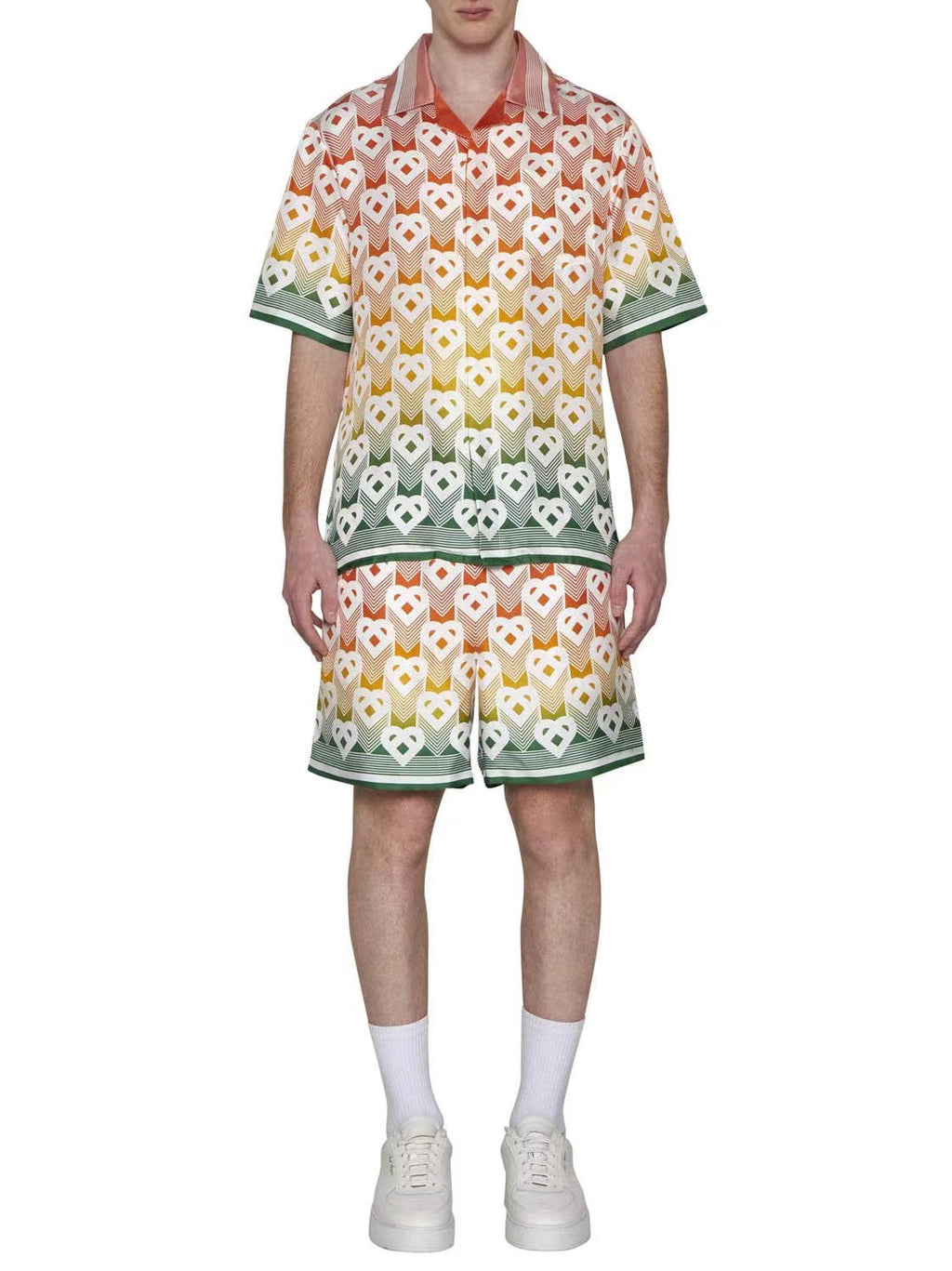 Casablanca Men's Summer Gradient Heart Printed Silk Short Sleeve Shirt Casual Elastic Lace-Up Shorts Ngvp  #8677