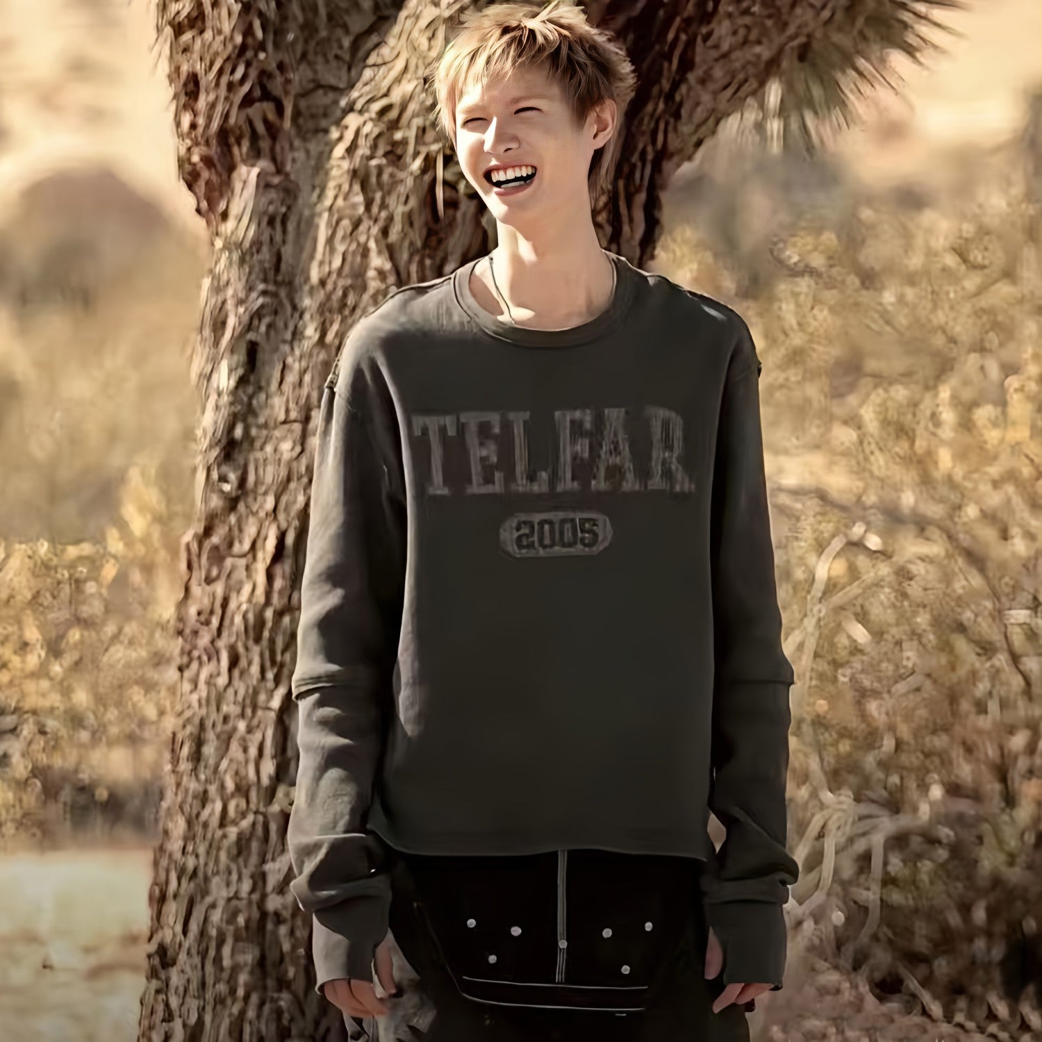 Telfar Men's Fall And Winter Vintage Style Washed Do Old Waffle Long-sleeved T-shirt Street Teenage Sense Of Slim Cortis Martin With Tops Ngvp #2622