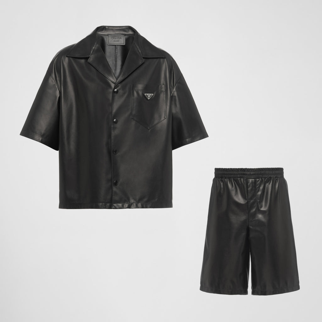 Prada Men's Summer Solid Color Leather Single Breasted Short Sleeve Shirt Stretch Shorts Set Suit #98895