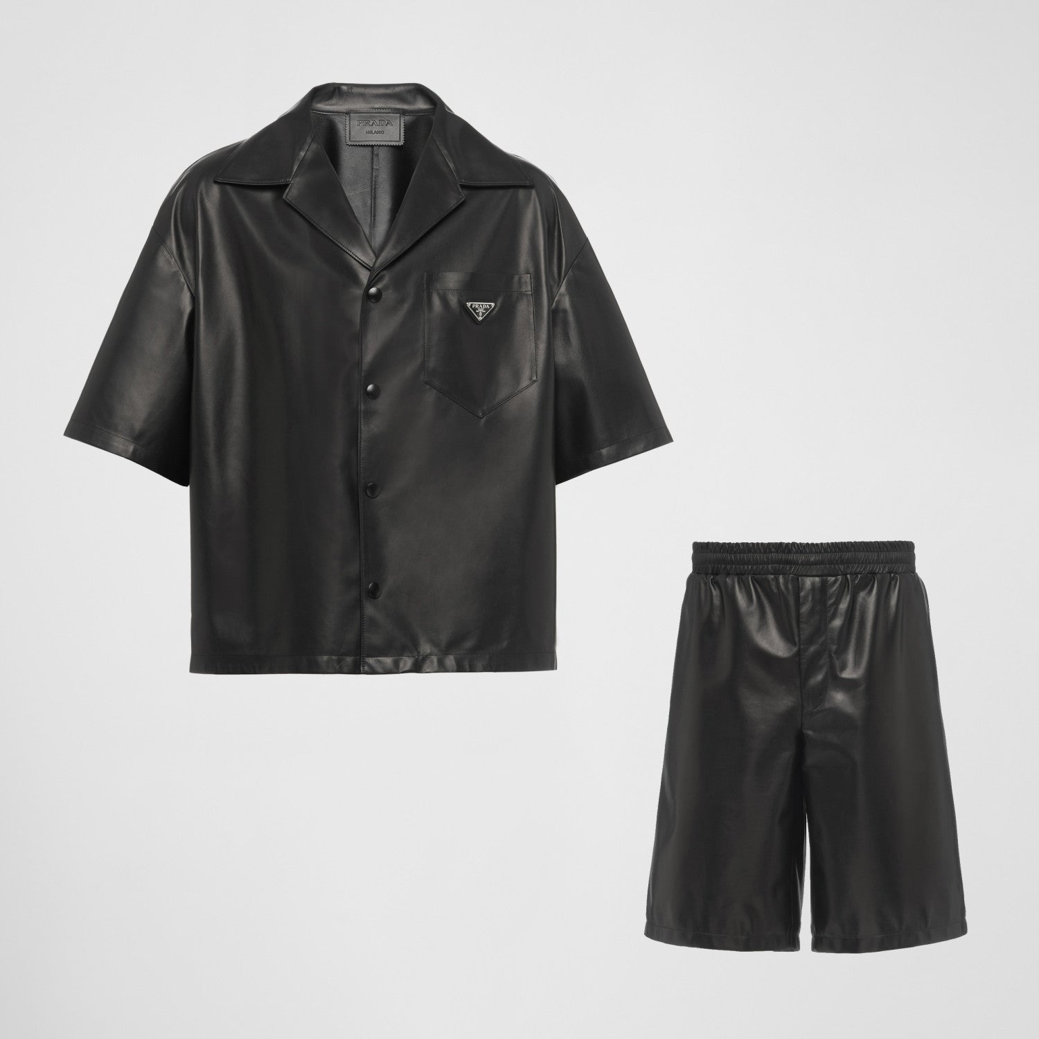 Prada Men's Summer Solid Color Leather Single Breasted Short Sleeve Shirt Stretch Shorts Set Suit #98895