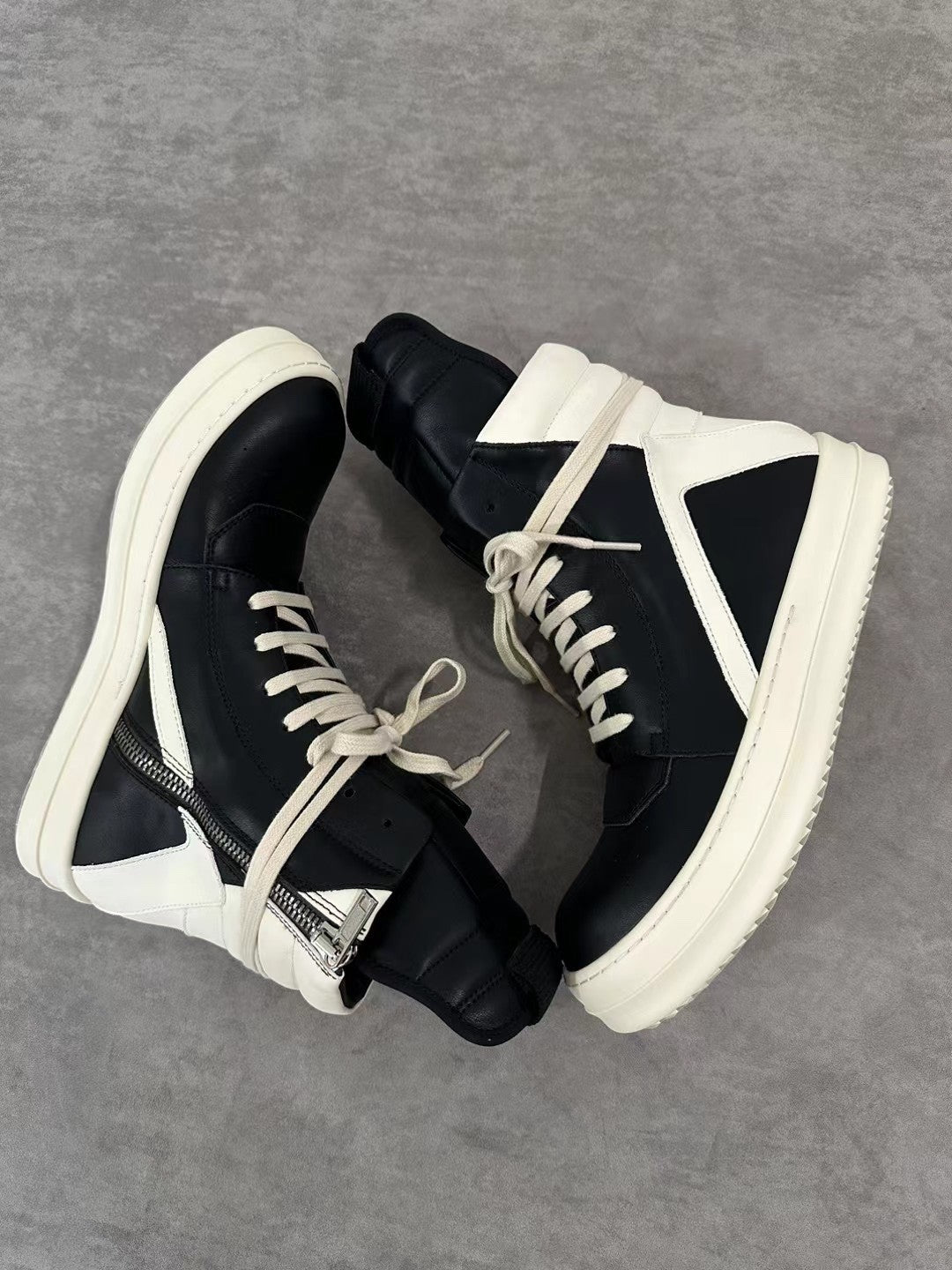 Rick Owens Men's Spring/Fall Fashion Casual Round Toe Lace Up Leather Zipper Thick Sole High Top Sneakers Shoes #78569