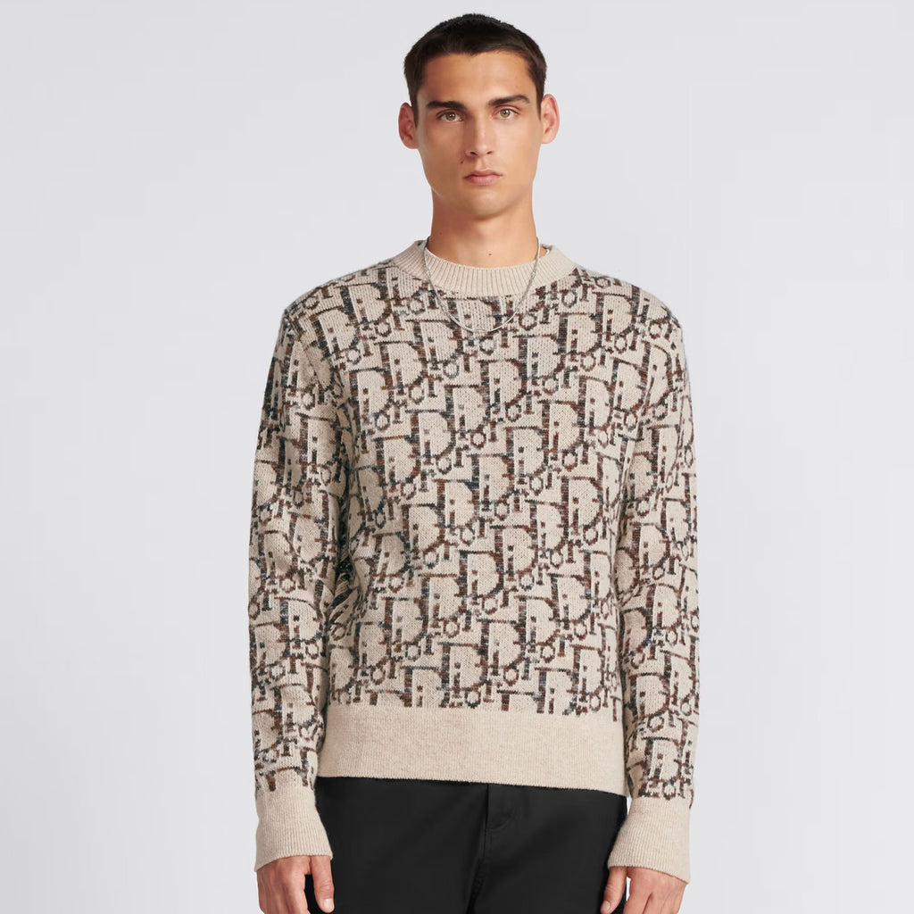 Dior Men's Beige Letter Knit Crew Neck Pullover Long Sleeve Sweater #97589