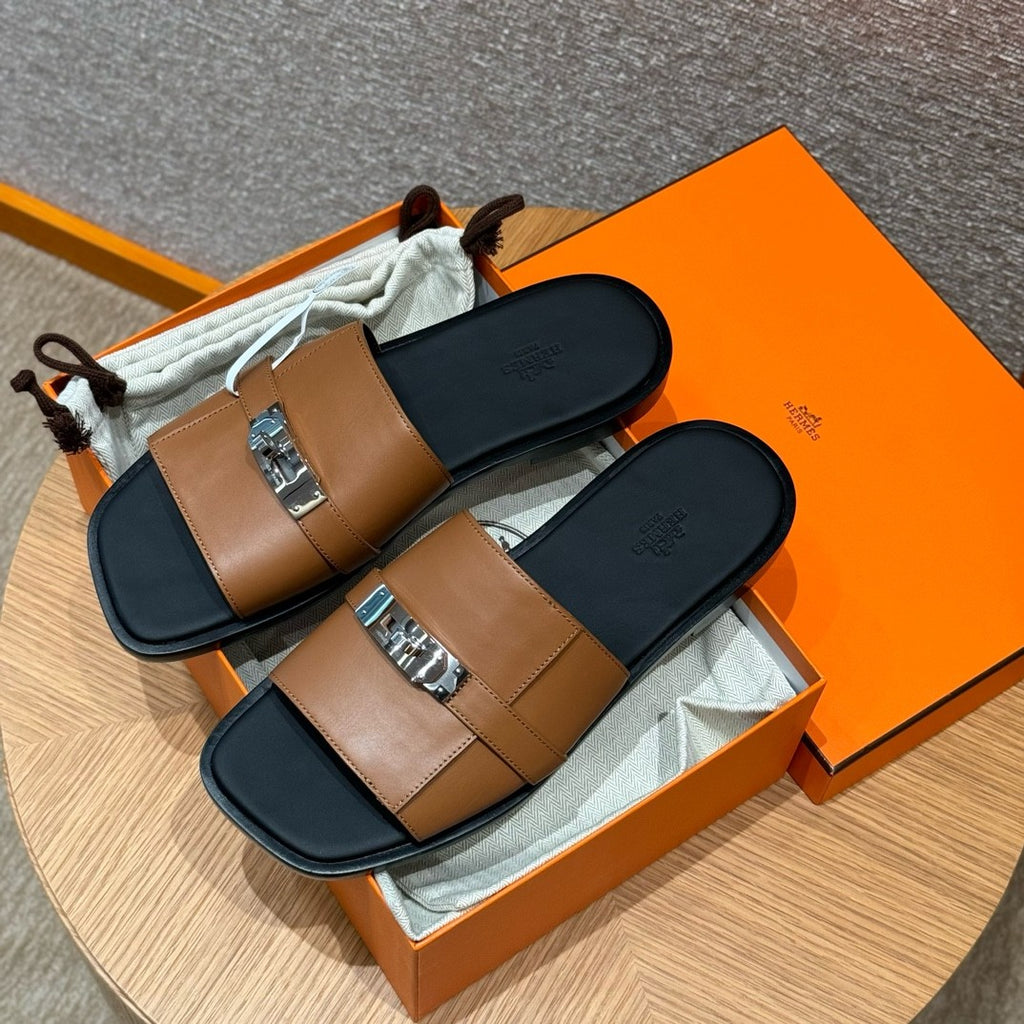 Hermes Gabriel Men's Summer Fashion Comfortable Logo Sandals Leather Casual Slippers #81144