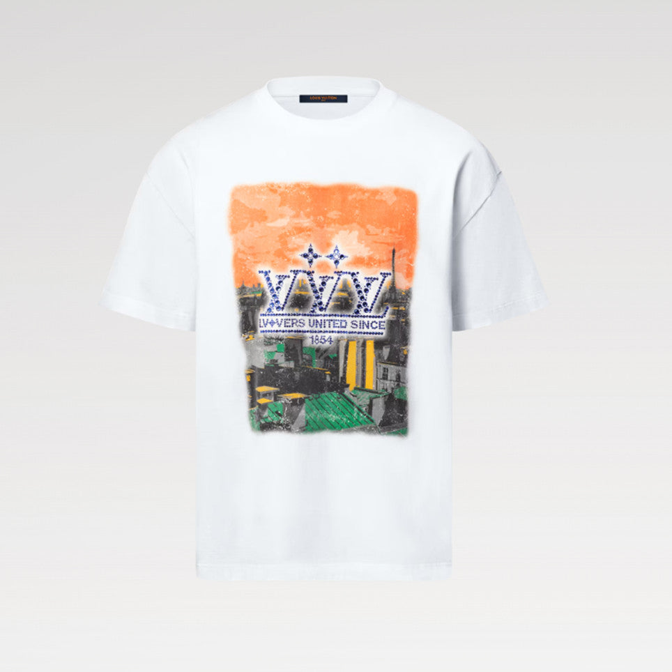 Louis Vuitton Men's Summer High Street Rhinestone Printed Solid Color Round Neck Cotton Straight Short Sleeve T-Shirt #81481