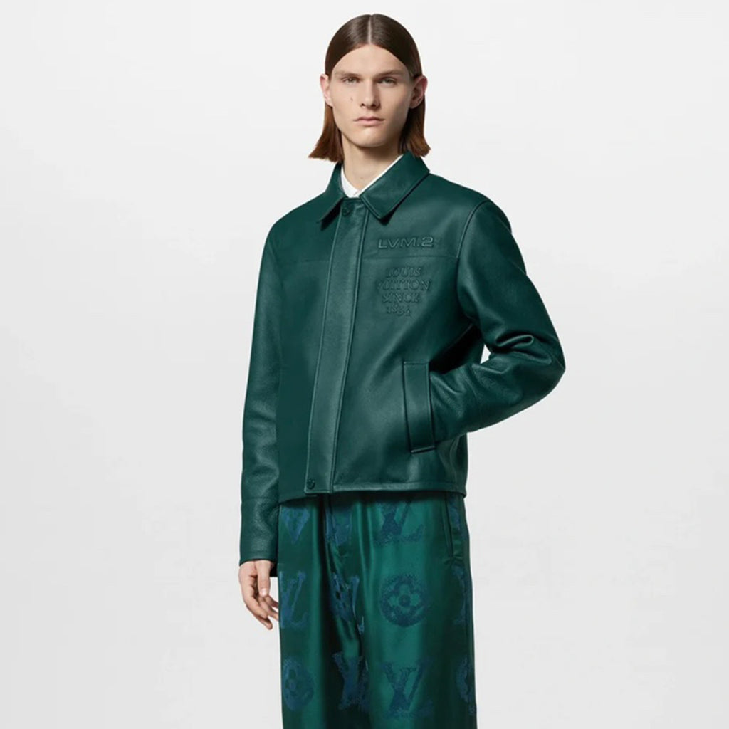 Louis Vuitton Men's Fall And Winter Green Retro Embossed Leather Long-sleeved Shirt Cowhide Jacket Fashion Trend Leisure Lapel Zipper Leather Jacket #81126