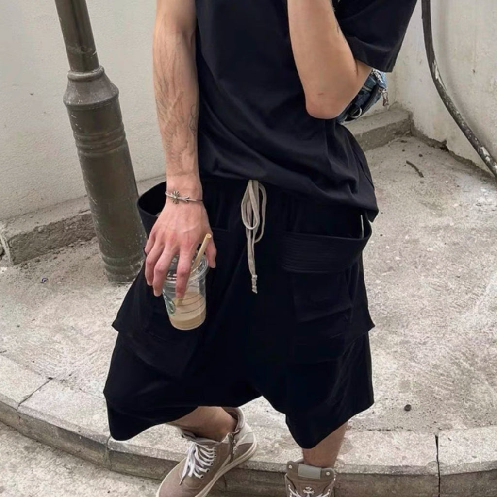 Rick Owens X Dekshdw Men's Spring/summer Vintage High Street Broken Black Distressed Denim Shorts With Drawstring Pants Ngvp #8539