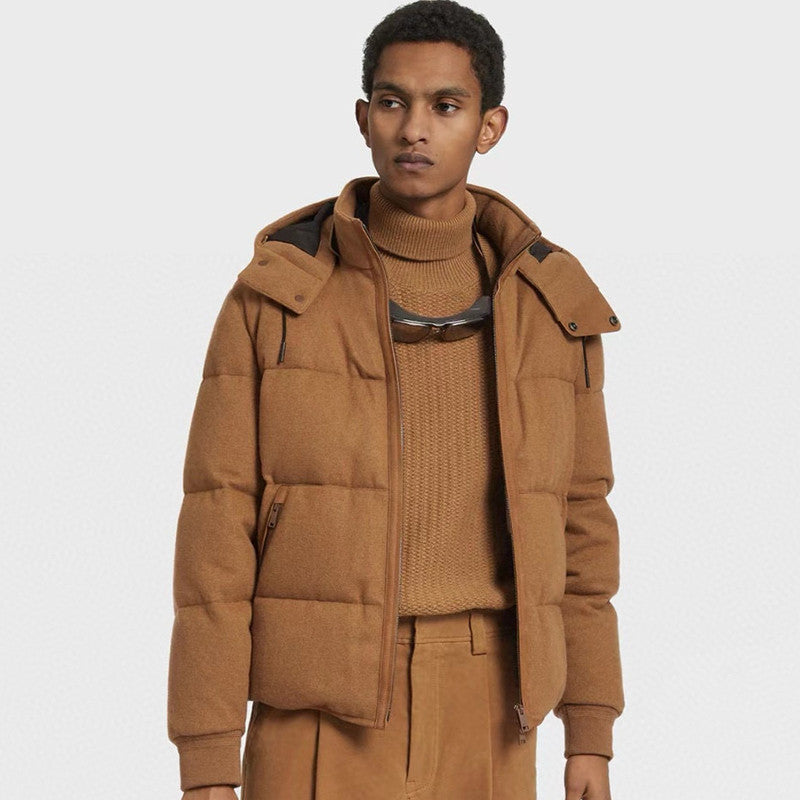 Ermenegildo Zegna  Men's Autumn And Winter Solid Color Standing Collar Zipper Removable Hood Knitted Wool Down Jacket  Ngvp #7417