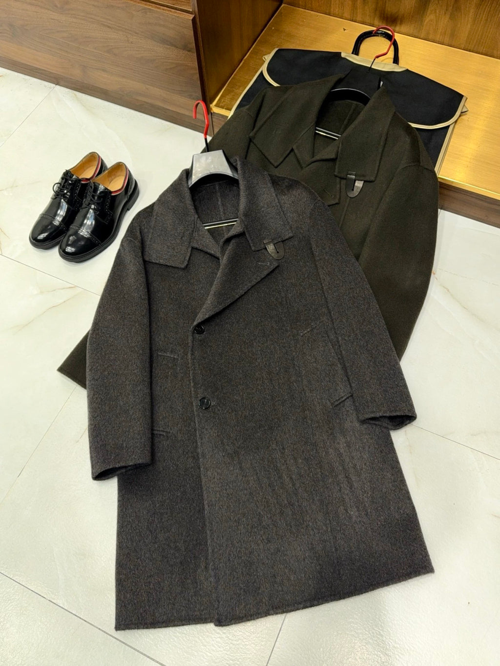 Hermes Men's Large Lapel Wool Slightly Wide Version Long Cashmere Coat #333099