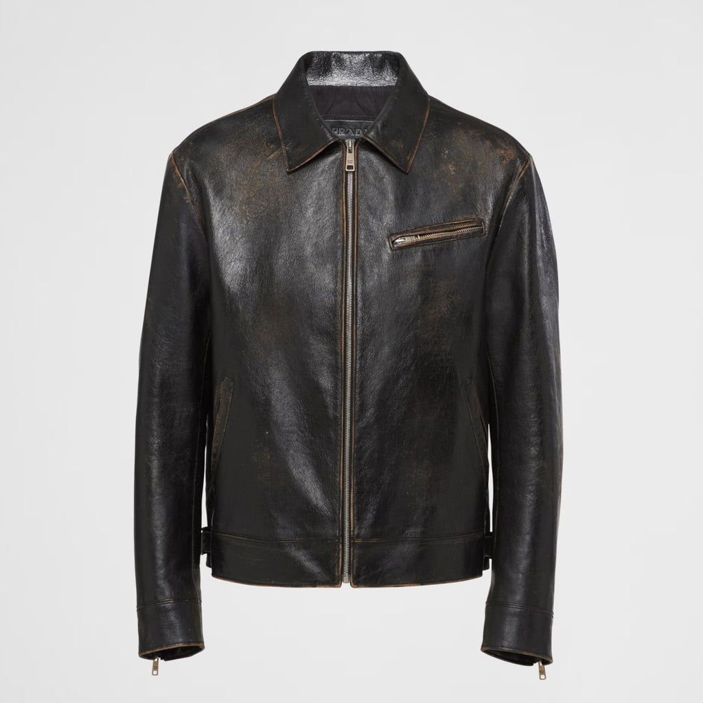 Prada Men's Autumn and Winter Solid Color Fit Lapel Zipper Long Sleeve Leather Jacket #73774