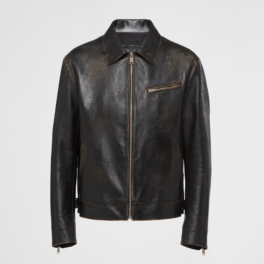 Prada Men's Autumn and Winter Solid Color Fit Lapel Zipper Long Sleeve Leather Jacket #73774