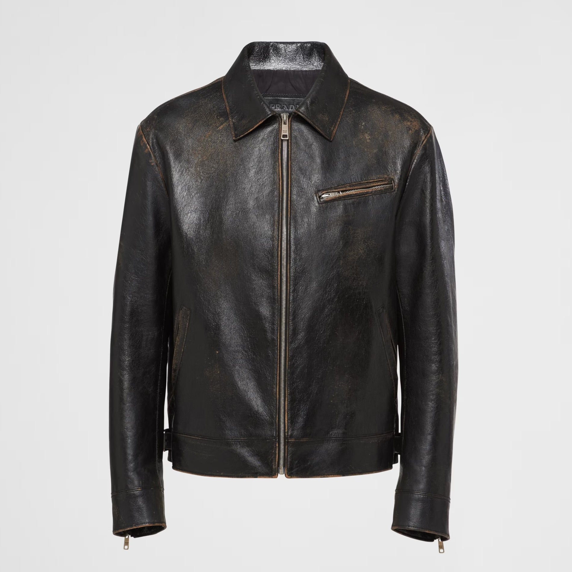 Prada Men's Autumn and Winter Solid Color Fit Lapel Zipper Long Sleeve Leather Jacket #73774