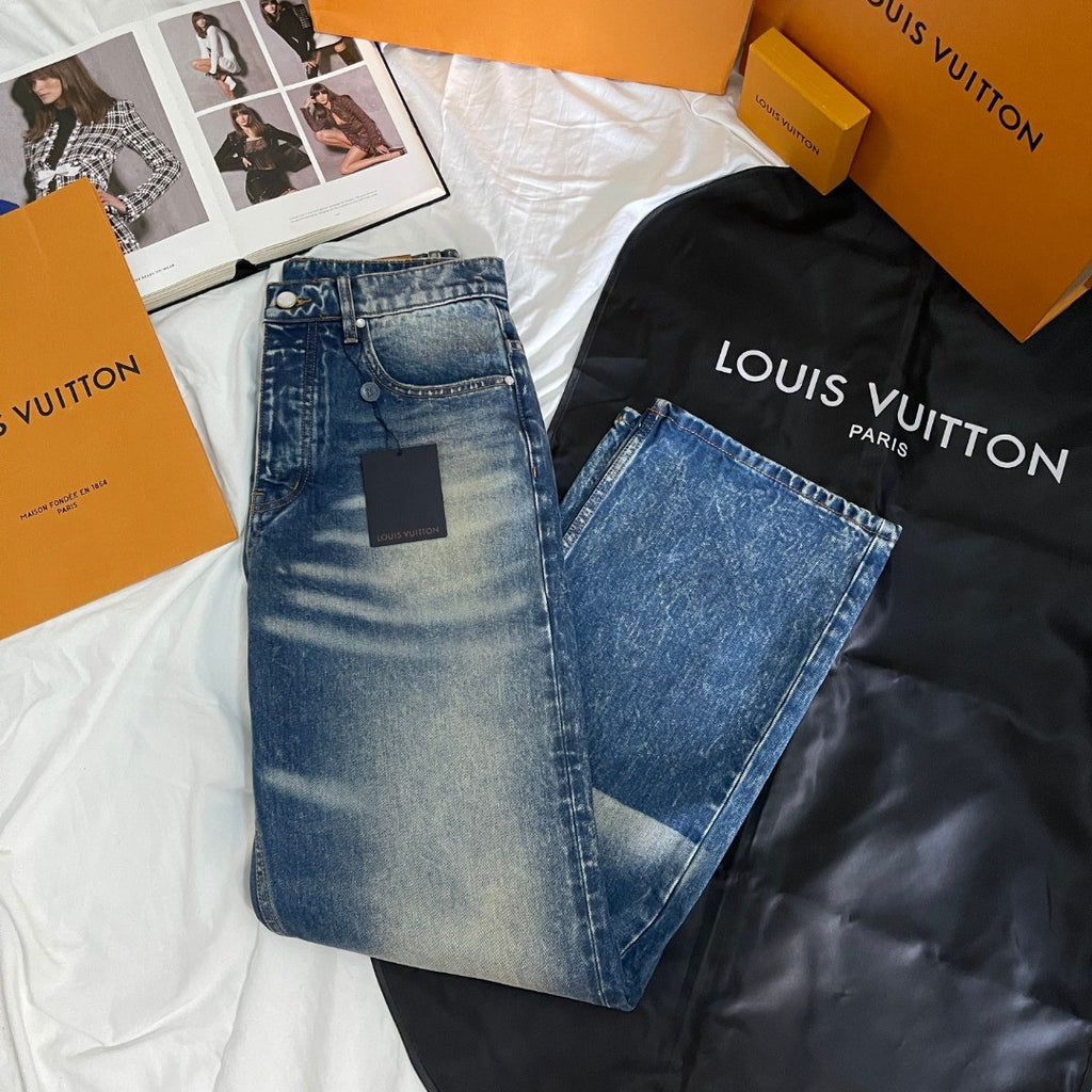 Louis Vuitton Men's Spring And Fall Blue Washed Bright Line Loose Long Jeans Pants #75247