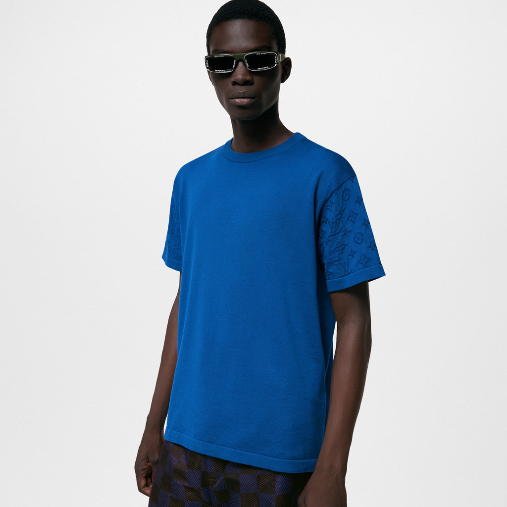 Louis Vuitton Men's Summer Blue Logo Jacquard Round Neck Cotton Short Sleeve T-Shirt #98663