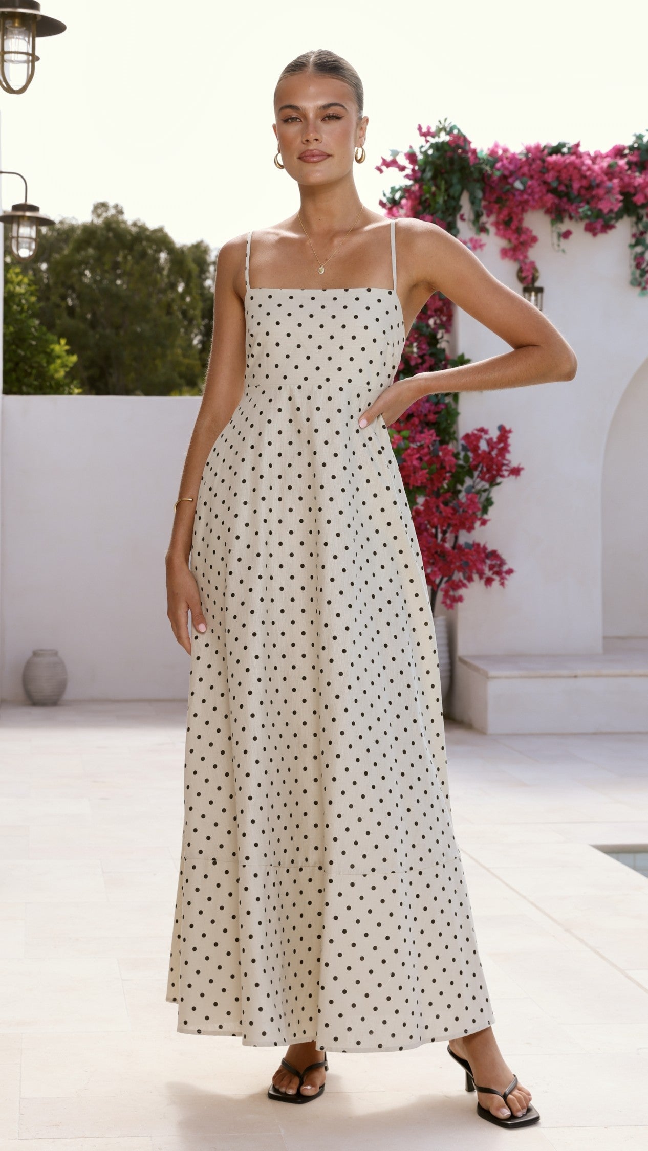 Nicole Spaghetti Strap Maxi Dress - Beige/Black Polka Dot
