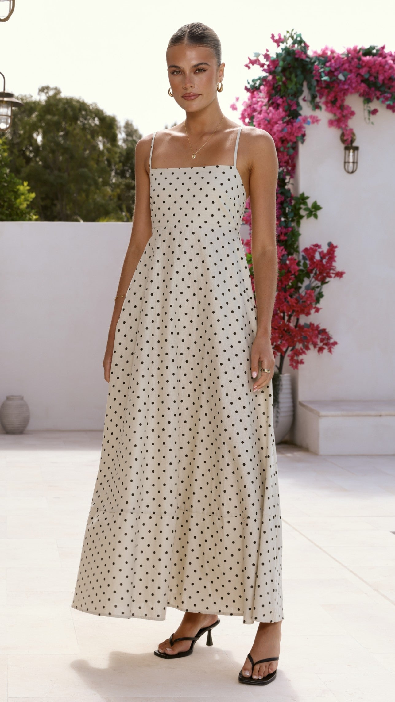 Nicole Spaghetti Strap Maxi Dress - Beige/Black Polka Dot