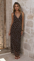 Cassara Maxi Dress - Chocolate / Blue Polka Dot