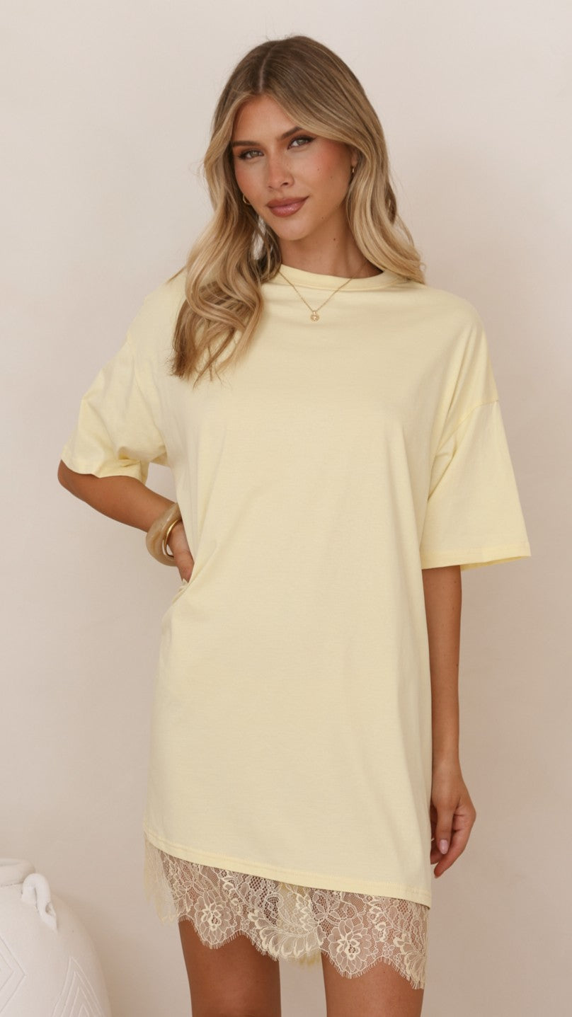 Saya T Shirt Lace Mini Dress - Yellow
