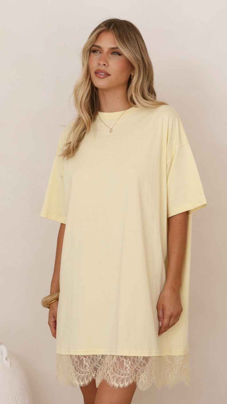 Saya T Shirt Lace Mini Dress - Yellow