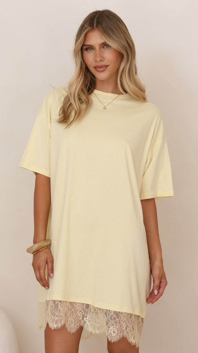 Saya T Shirt Lace Mini Dress - Yellow
