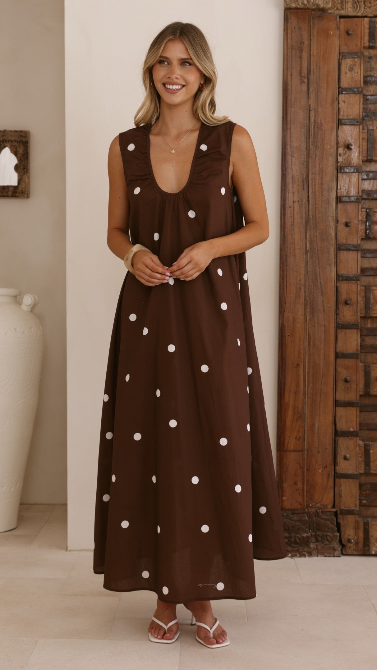 Scout Maxi Dress - Chocolate/White Polka