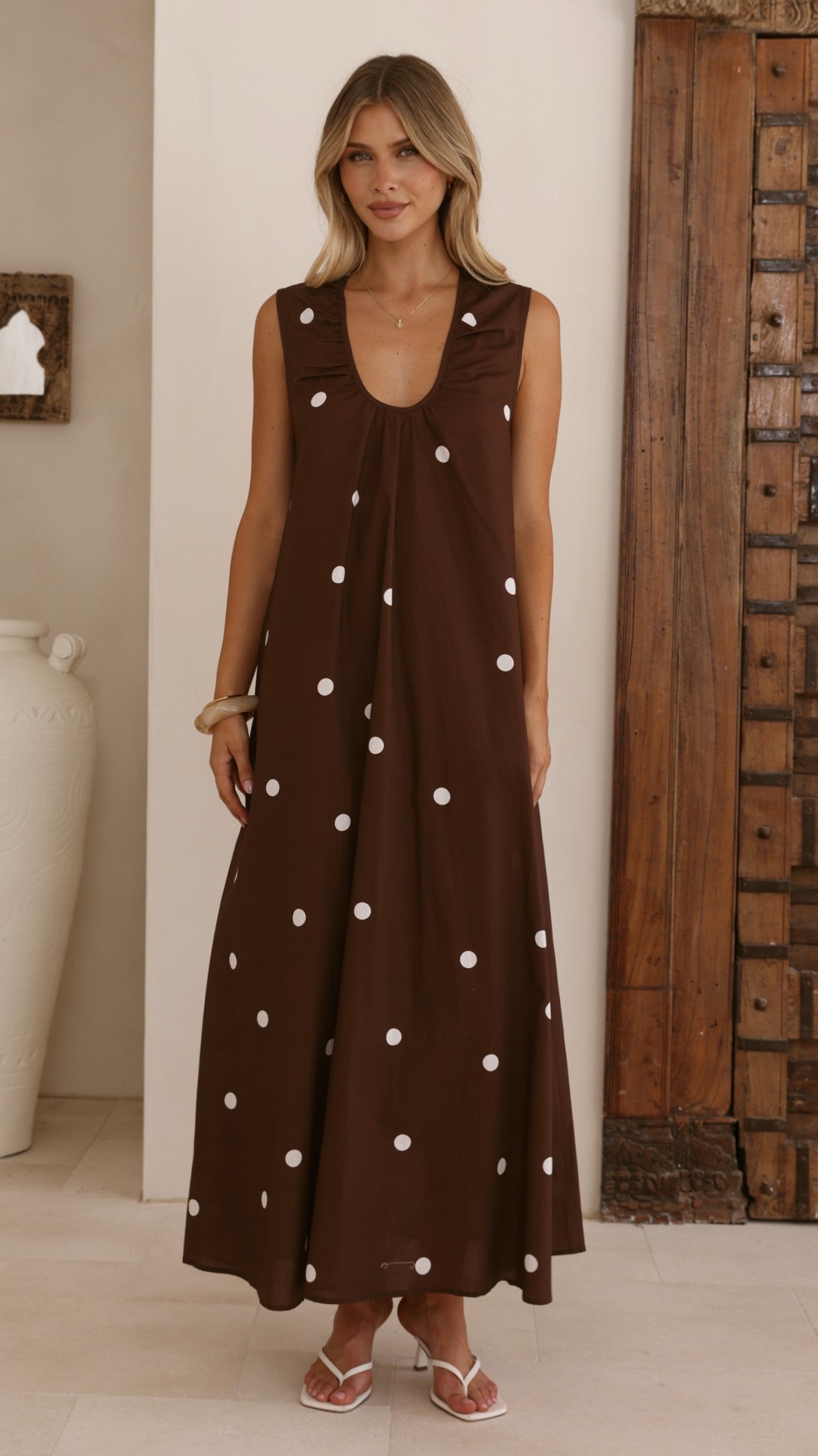 Scout Maxi Dress - Chocolate/White Polka