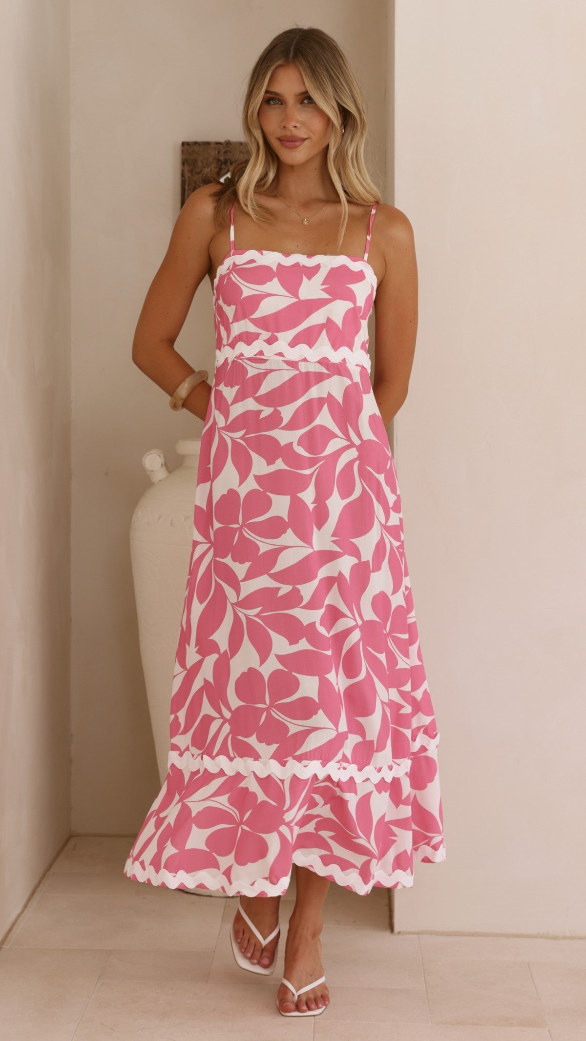 Seraphina Midi Dress - Fuchsia/White Print