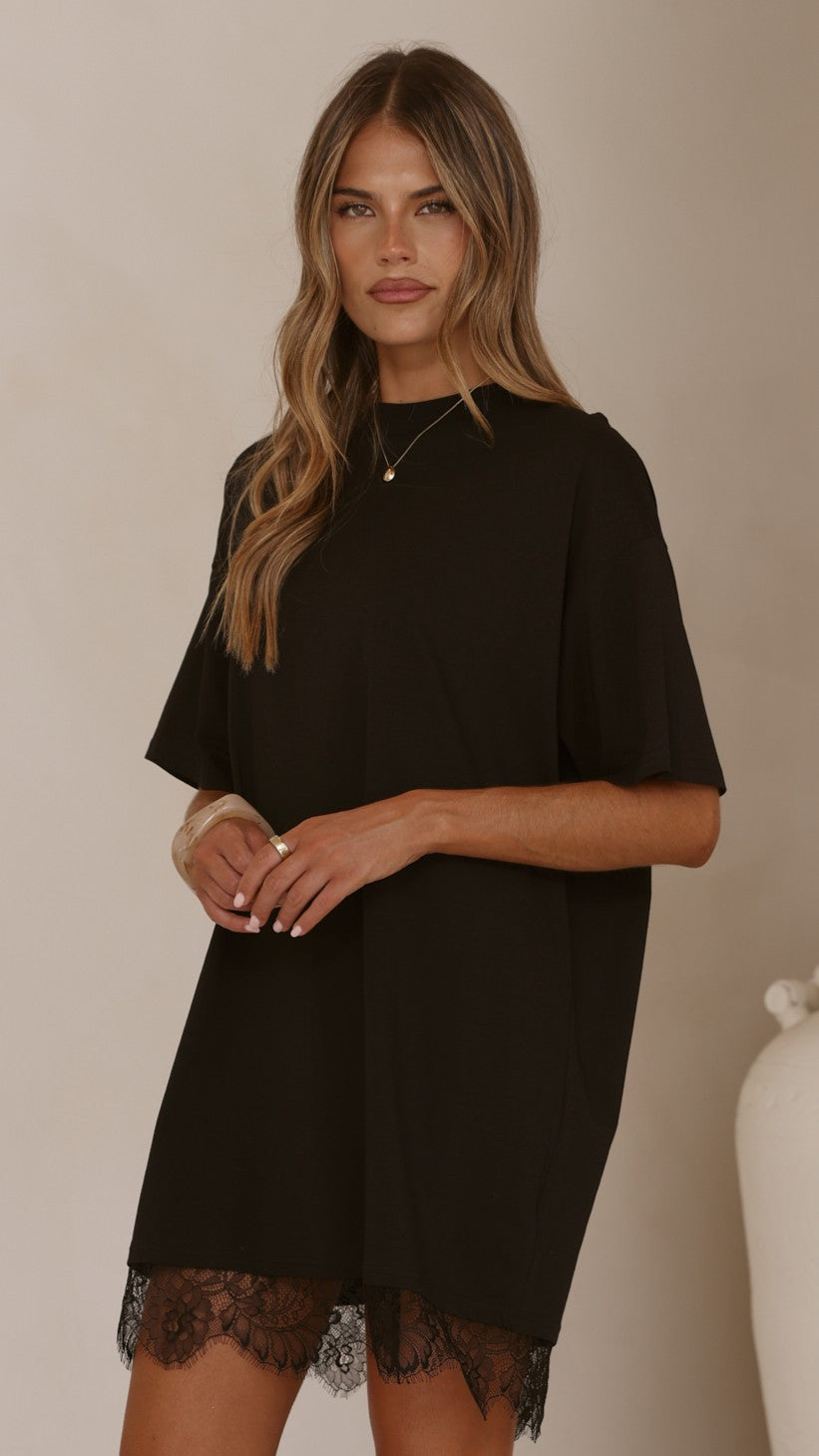 Saya T Shirt Lace Mini Dress - Black