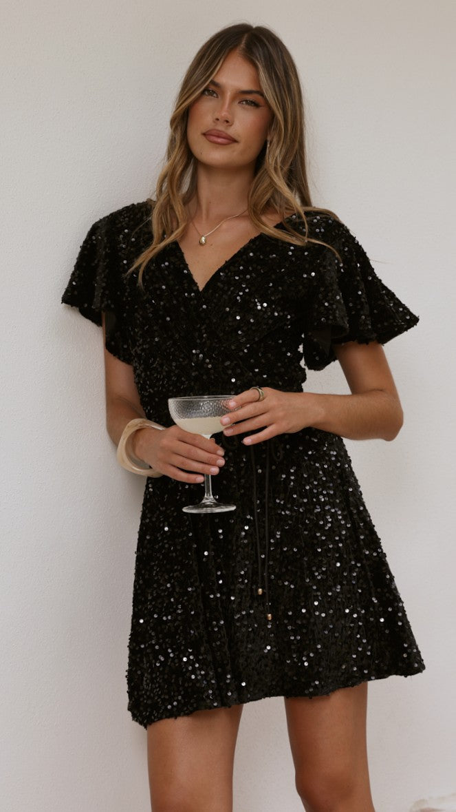 Zinnia Sequins Mini Dress - Black Sequins