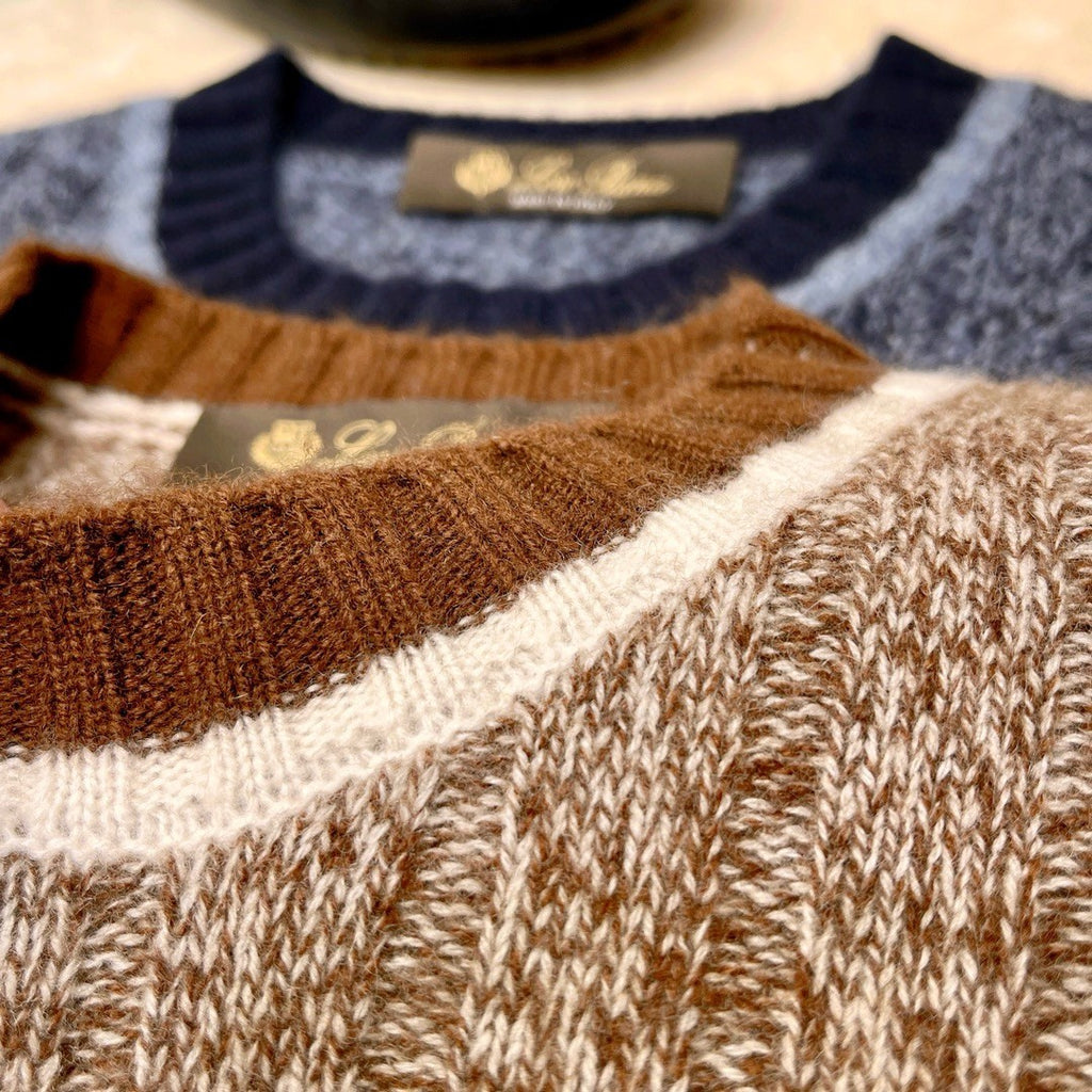 Loro Piana Men's Spring & Autumn Fashion Stripe Color Blocking Long Sleeve Knit Sweater Fit Cashmere Crew Neck Sweater Ngvp #9475