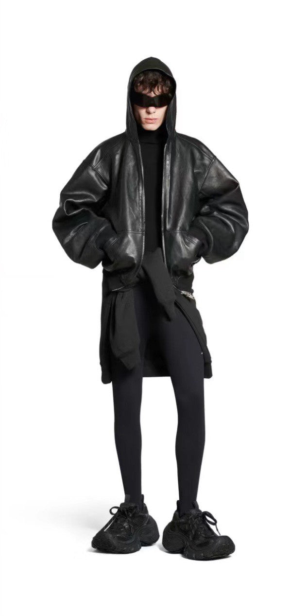 Balenciaga Men's Women's Autumn And Winter Loose Contour Hooded Leather Jacket Zip High Street Hip Hop Biker Style Jacket Ngvp #9784