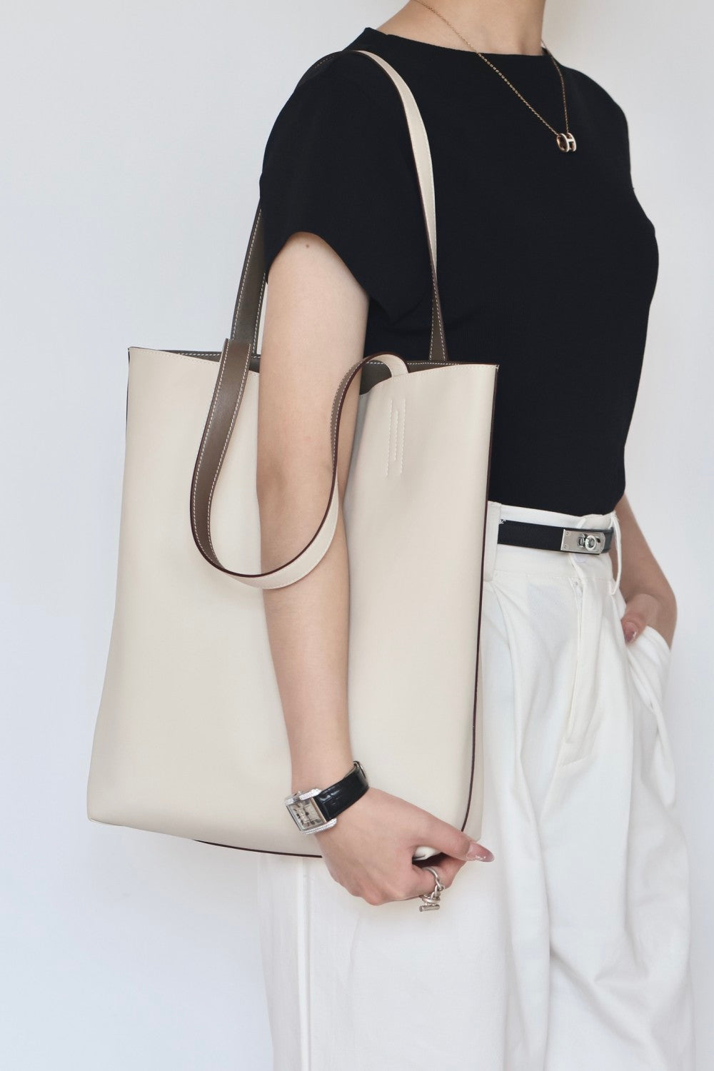 Hermes Women's Double Sensneo Calfskin Shoulder Bag Fashionable Color-Blocked Open Bag Double-Sided Tote Bag With Makeup Bag Bags Ngvp H086707CAAL #2277