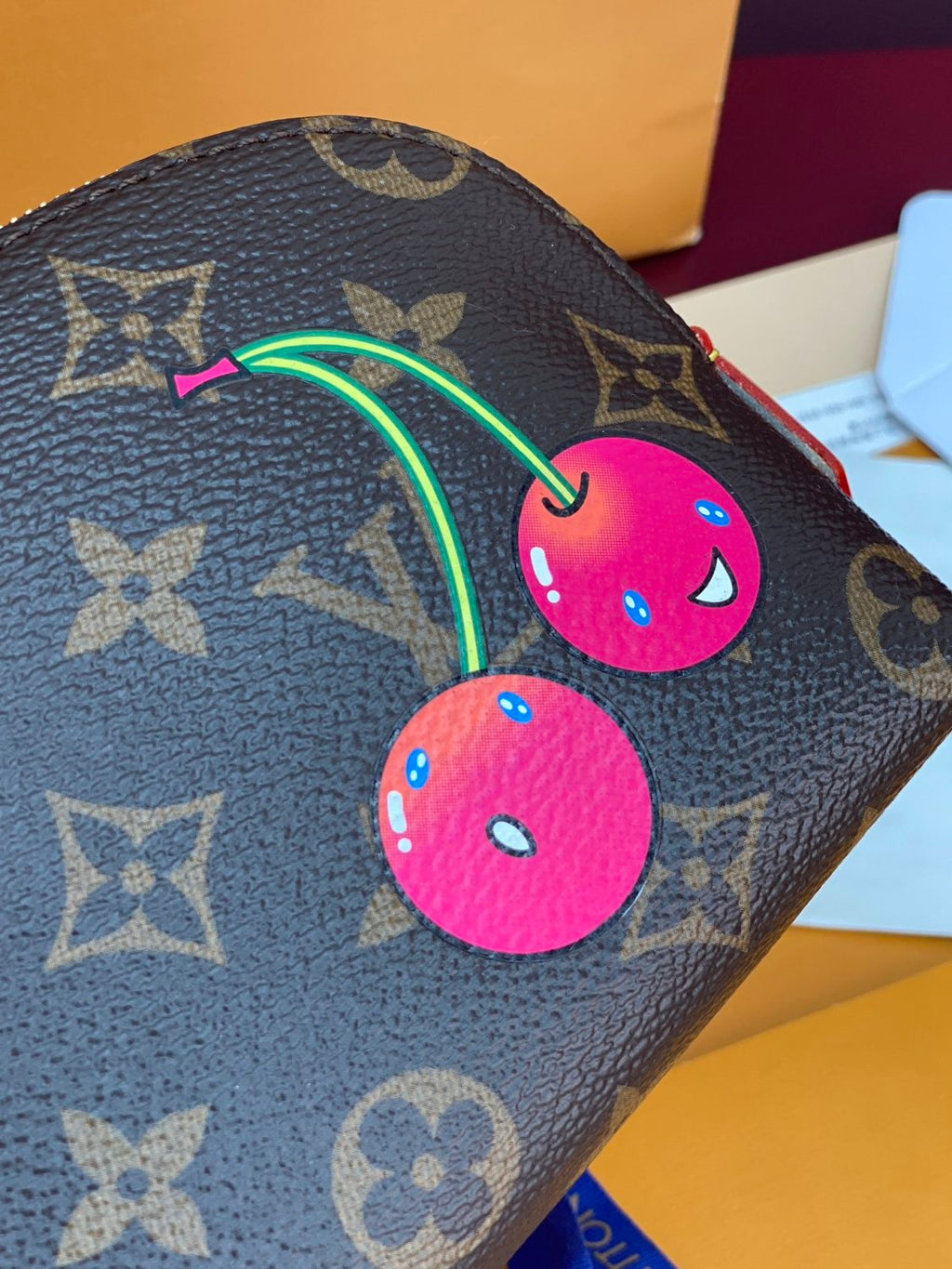 Louis Vuitton LV X TM Women's Brown Letter Print Cherry Pattern Leather Small Makeup Bag Bags #77595