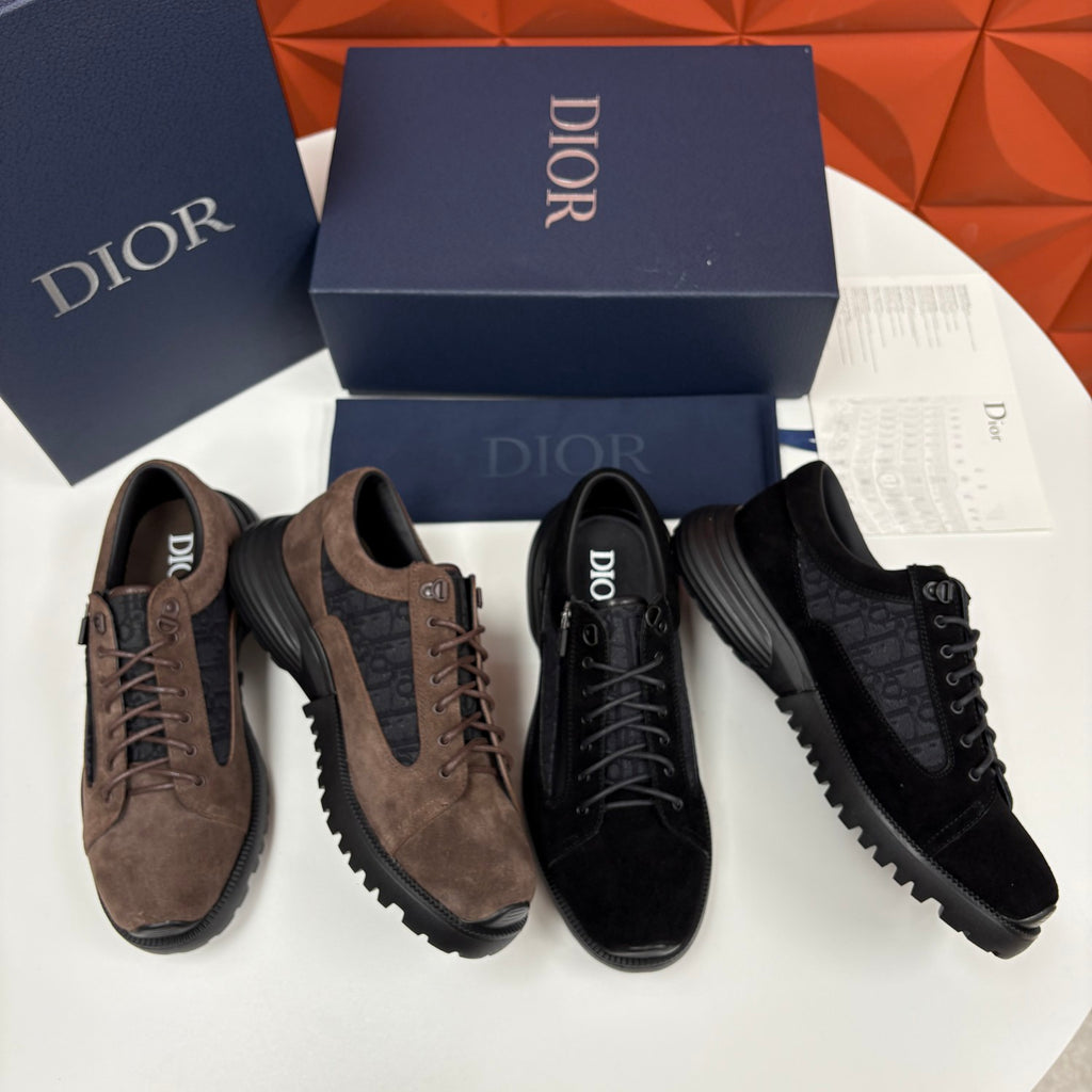 DIOR Comba Men's and Women's Spring/Summer Fashion Casual Solid Color Round Toe Lace Up Suede and Oblique Print Fabric Blend Casual Sneakers Shoes #78729