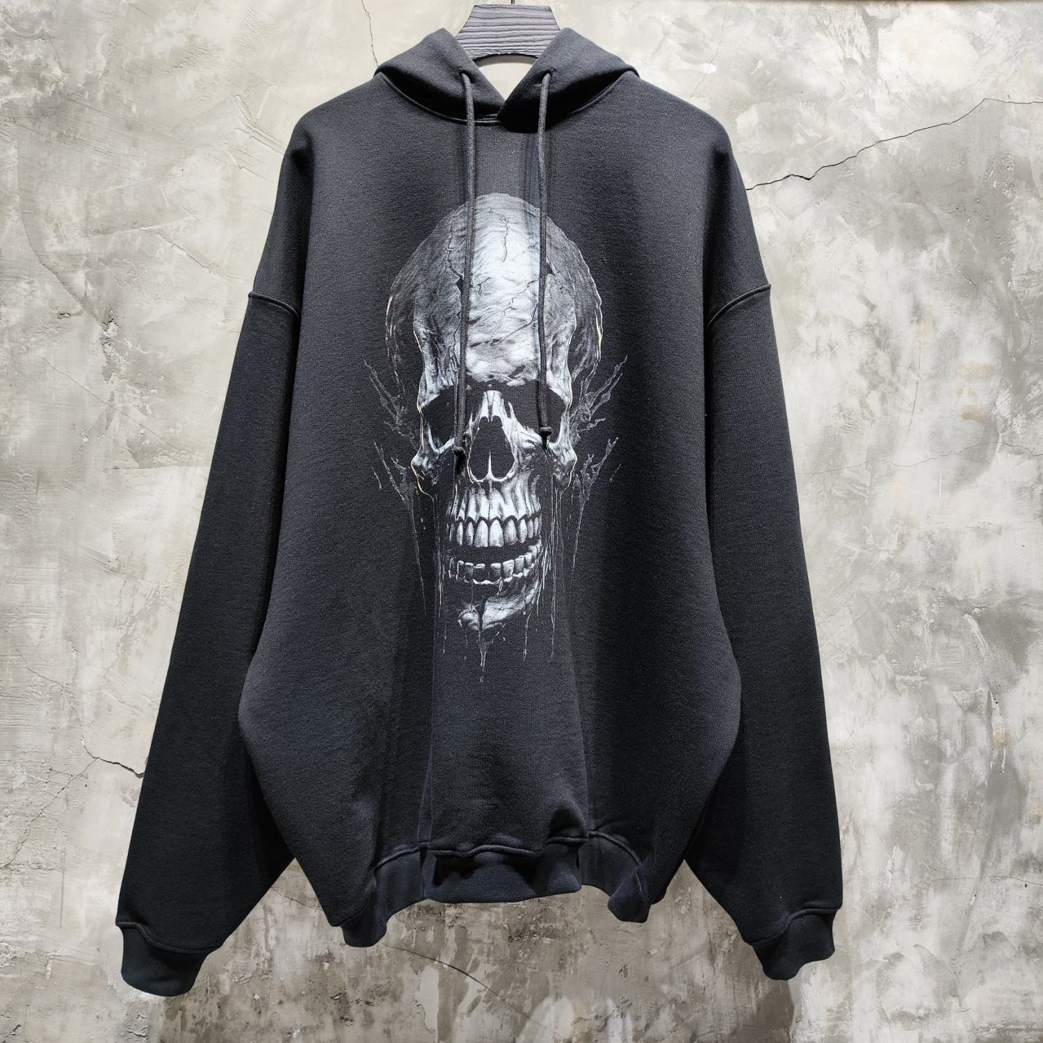 Vetements Men's High Street Skull Print Punk Hip Hop Black Sweatshirt Spring Autumn Fashion Casual Hooded Drawstring Sweatshirt Top Ngvp #9862