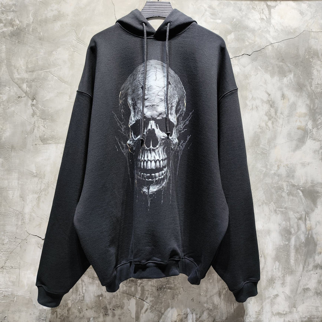 Vetements Men's High Street Skull Print Punk Hip Hop Black Sweatshirt Spring Autumn Fashion Casual Hooded Drawstring Sweatshirt Top Ngvp #9862