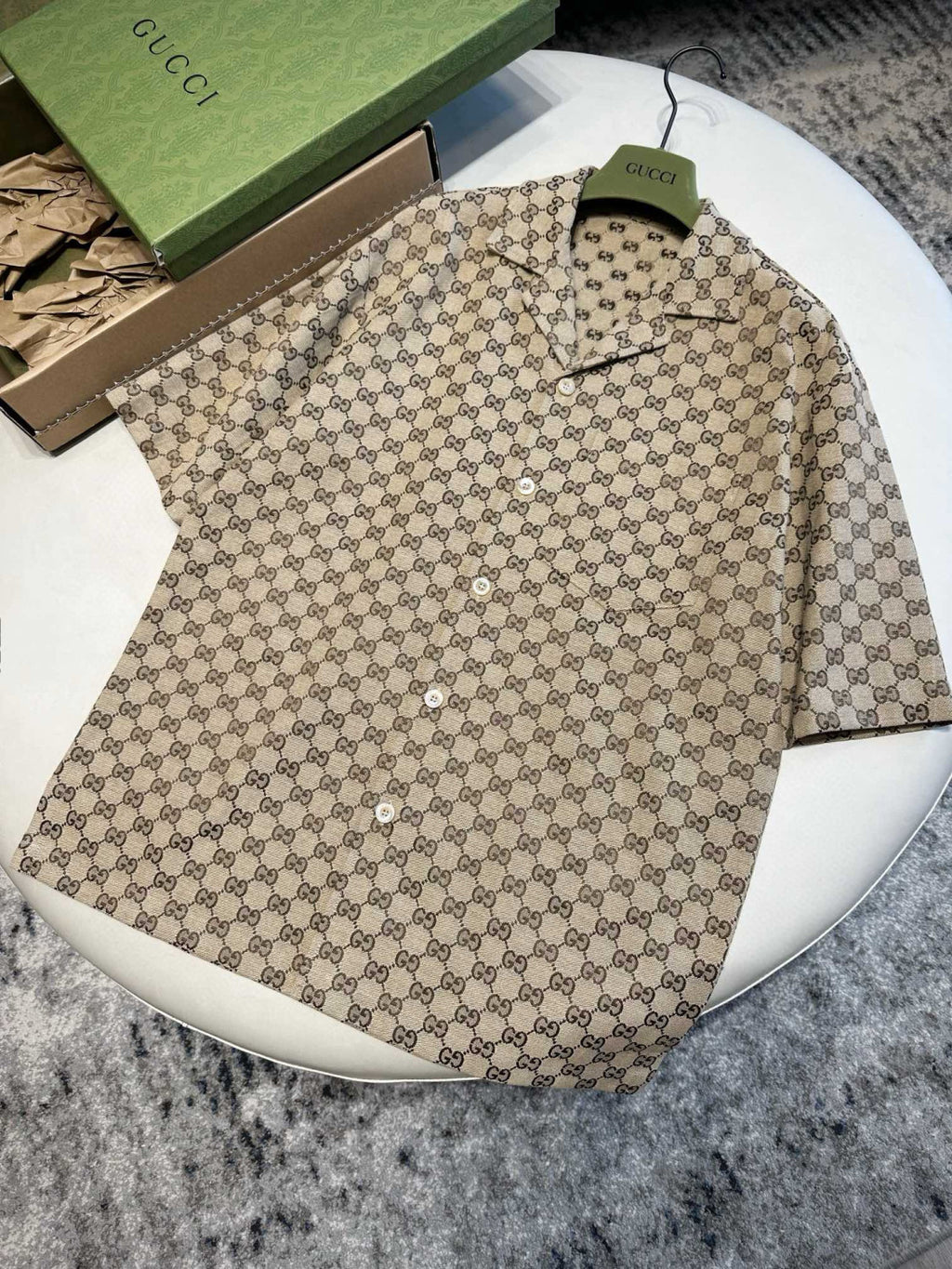 Gucci Men's Summer Brown Lapel Single Breasted Logo Printed Short Sleeve Shirt #98679