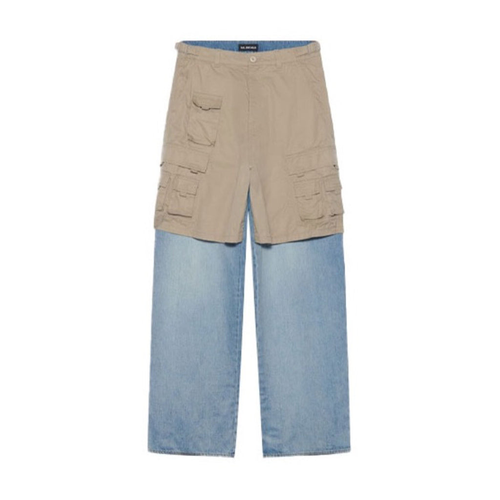 Balenciaga Men's Blue Spring & Fall Multi-Pocket Workwear Patchwork Fake Two Piece Straight Leg Denim Pants Ngvp #7786