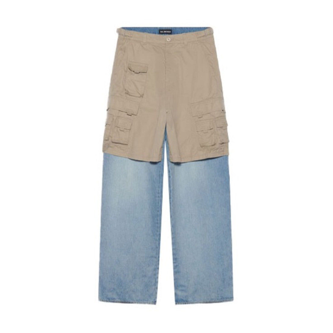 Balenciaga Men's Blue Spring & Fall Multi-Pocket Workwear Patchwork Fake Two Piece Straight Leg Denim Pants Ngvp #7786
