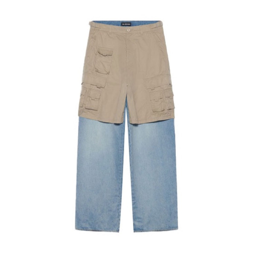 Balenciaga Men's Blue Spring & Fall Multi-Pocket Workwear Patchwork Fake Two Piece Straight Leg Denim Pants Ngvp #7786