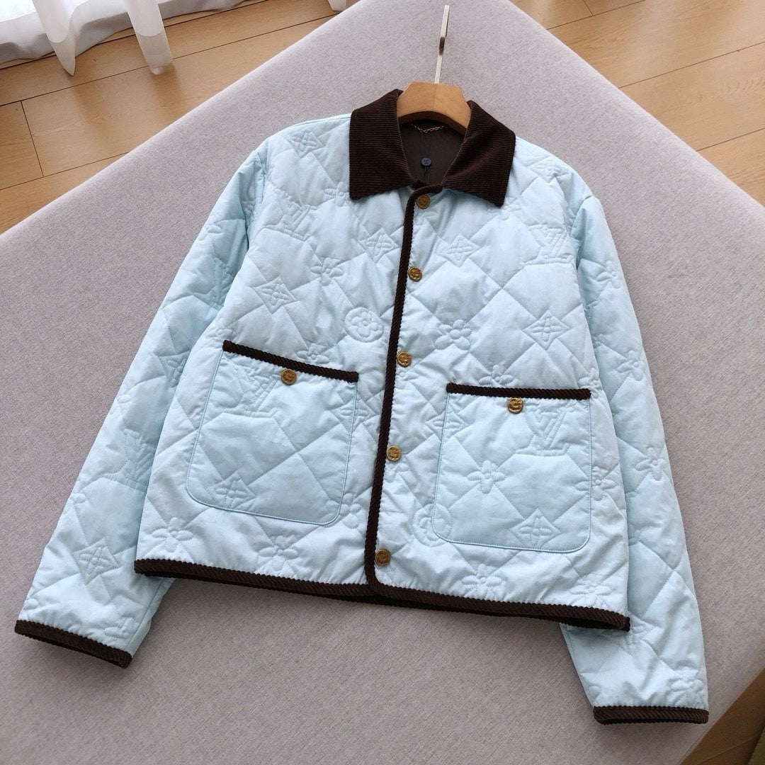 Louis Vuitton Men's Fall And Winter Light Blue Patchwork Fitted Lapel Single Breasted Long Sleeved Jacket #73568