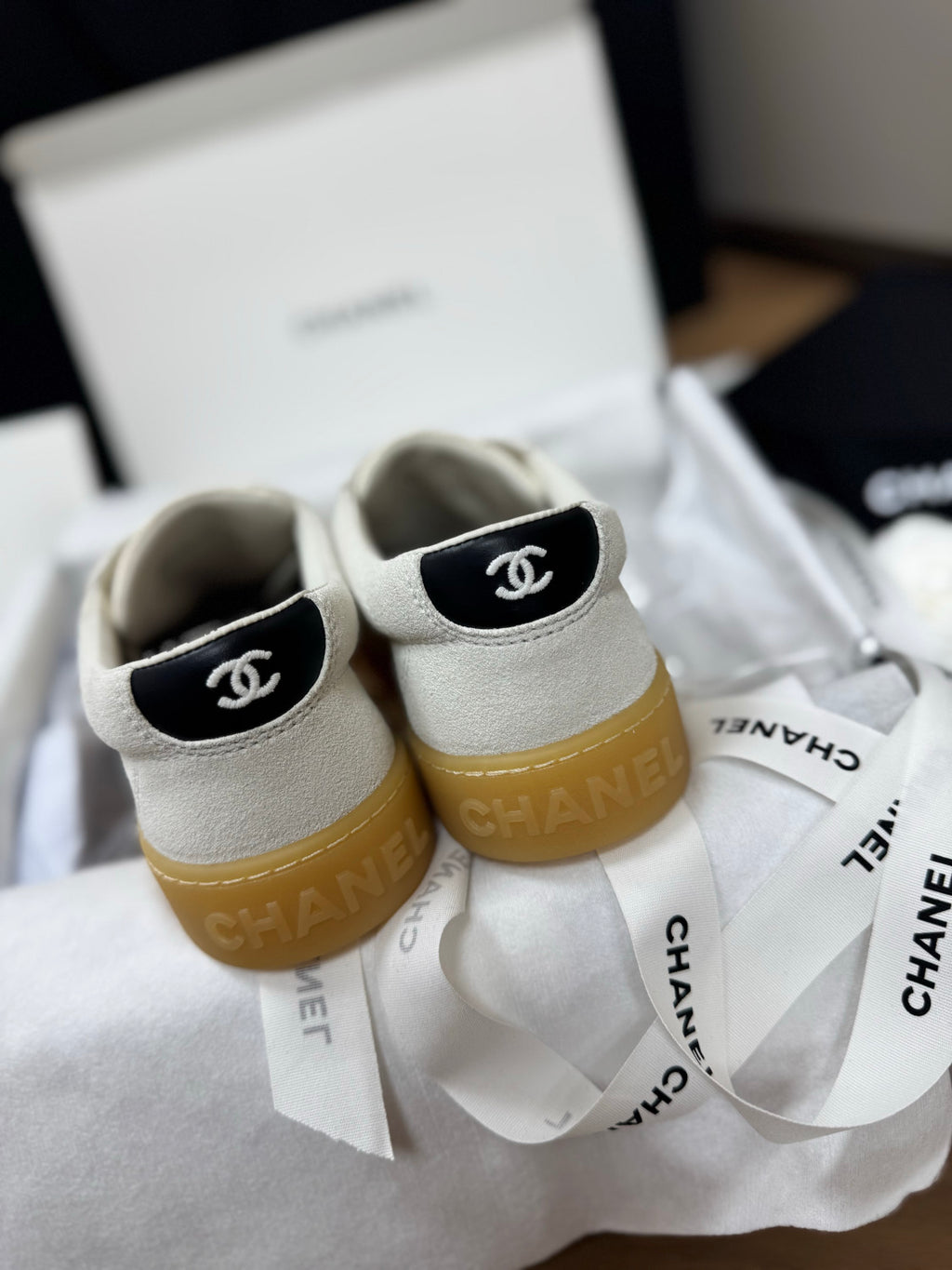 CHANEL Sneakers Suede Calfskin Calfskin White Black #381214