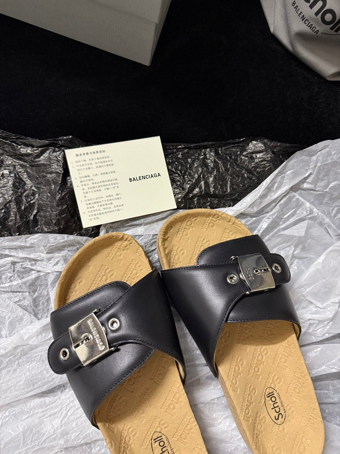 Balenciaga Scholl Men's and Women's Summer Black Cowhide Leather Flat Sandals Slippers Shoes #77655