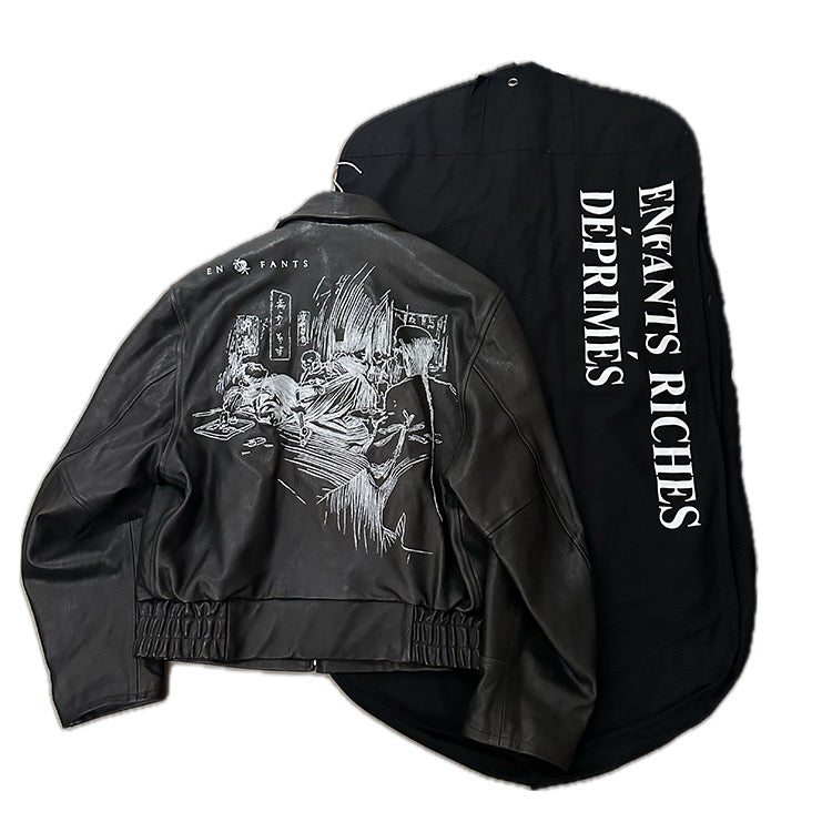Enfants Riches Deprimes Men's Fall And Winter Black Fashion Trend High Street Goatskin Embroidery Lapel Zipper Leather Jacket Ngvp #7349