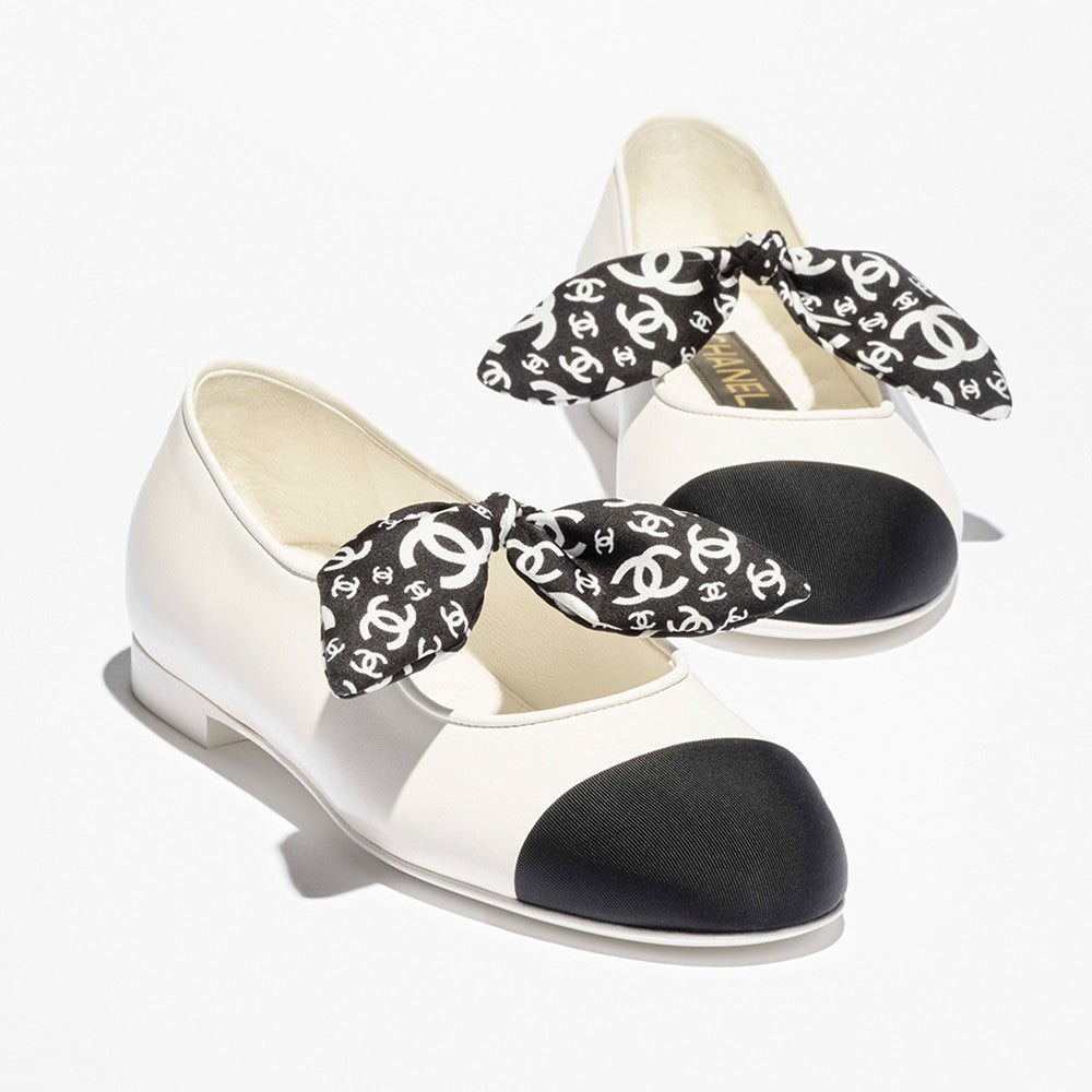 Chanel Mary Janes Lambskin Silk Grosgrain White Black #334248