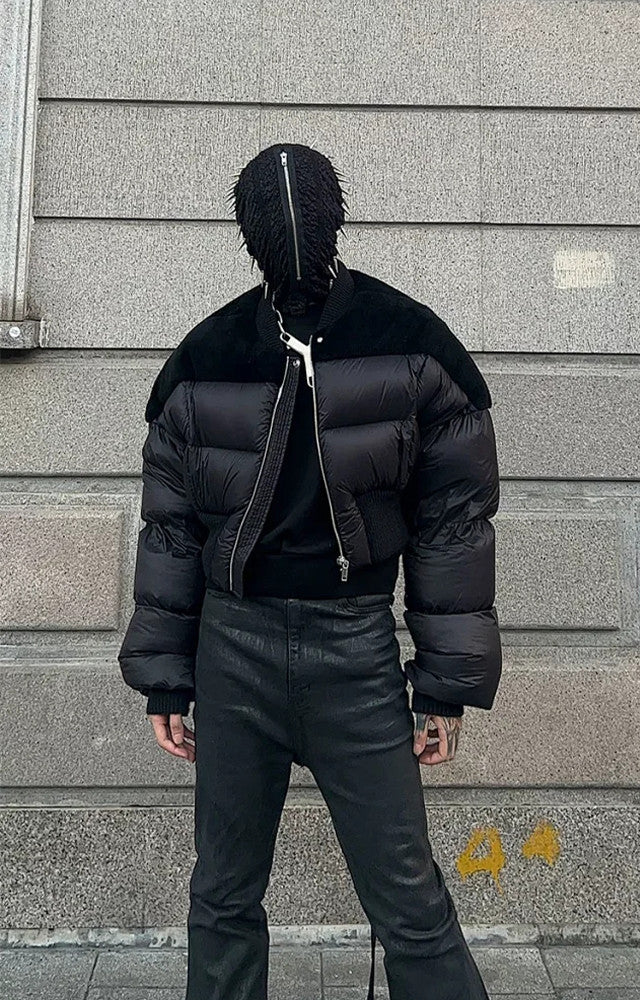 Rick Owens Men's Dark Style Short Splicing Puffer Down Jacket Autumn And Winter Solid Color Zipper Collarless Jacket #81336