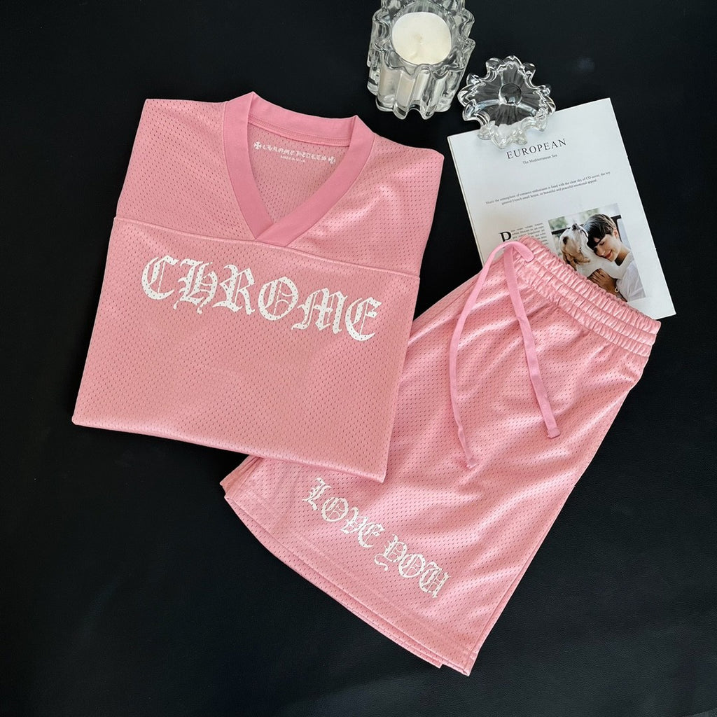 Chrome Hearts Men's Summer and Winter Pink Long Sleeve T-Shirt Shorts Set Suit #72589