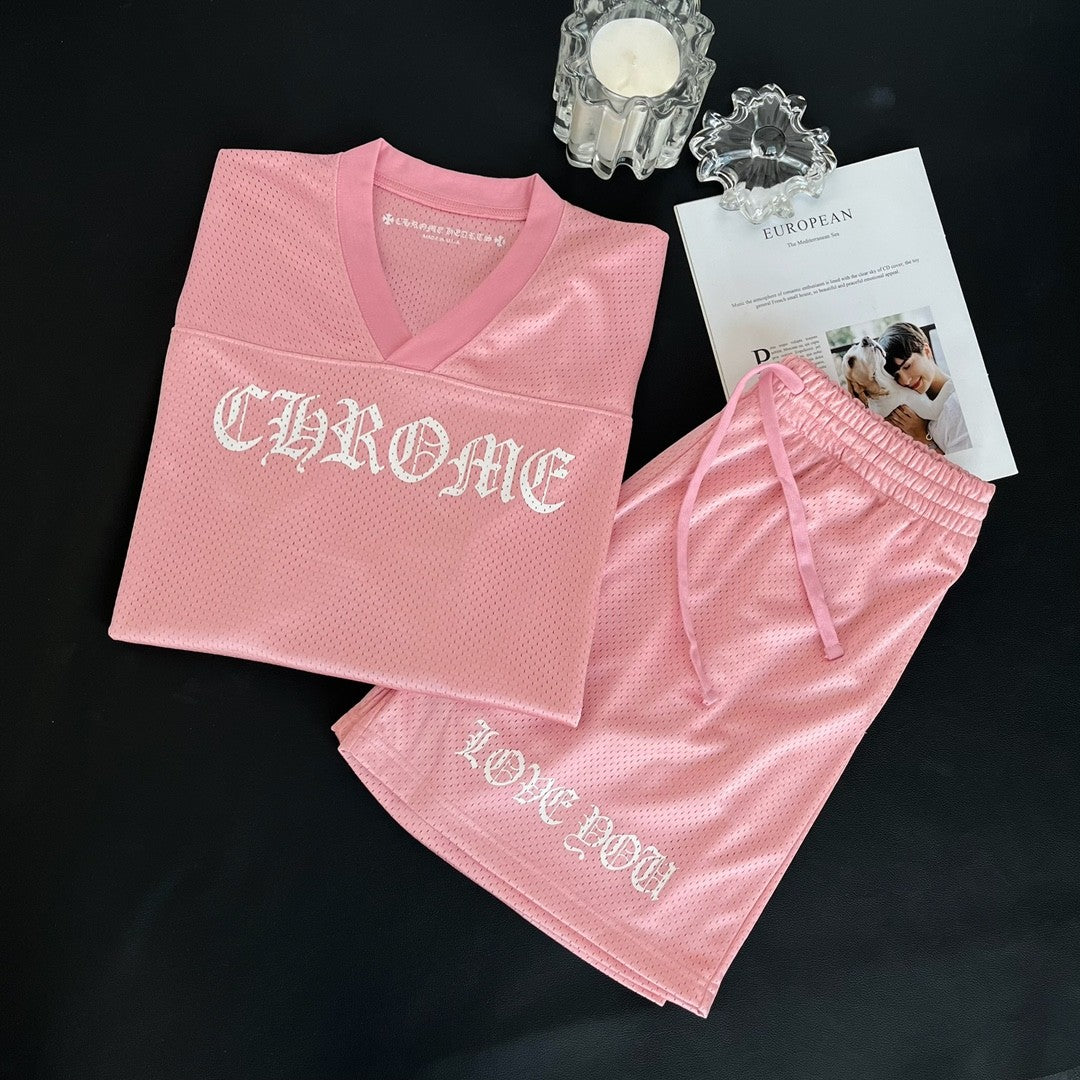 Chrome Hearts Men's Summer and Winter Pink Long Sleeve T-Shirt Shorts Set Suit #72589