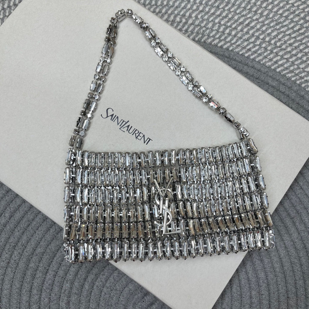 SAINT LAURENT Women's EVENING Crystal-Inspired Handbag Bag Limited Edition Sparkling Crystal Clutch Mini Chain-Strap Underarm Tote Bags #193642